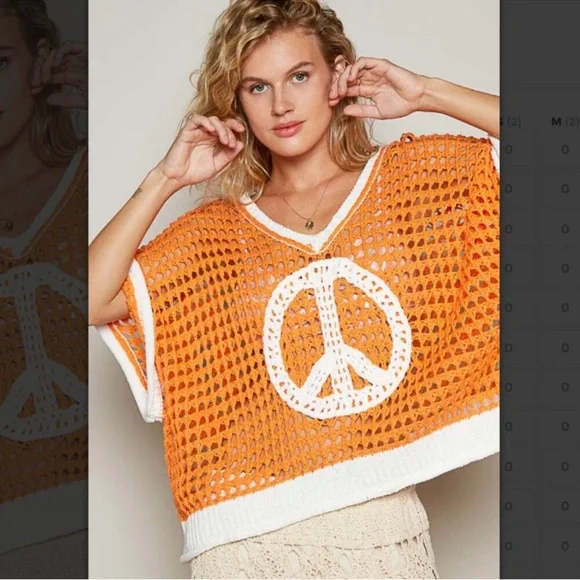 POL Dreamsicle Open Weave Crochet Peace Sign Sweater Size Small - Picture 11 of 14